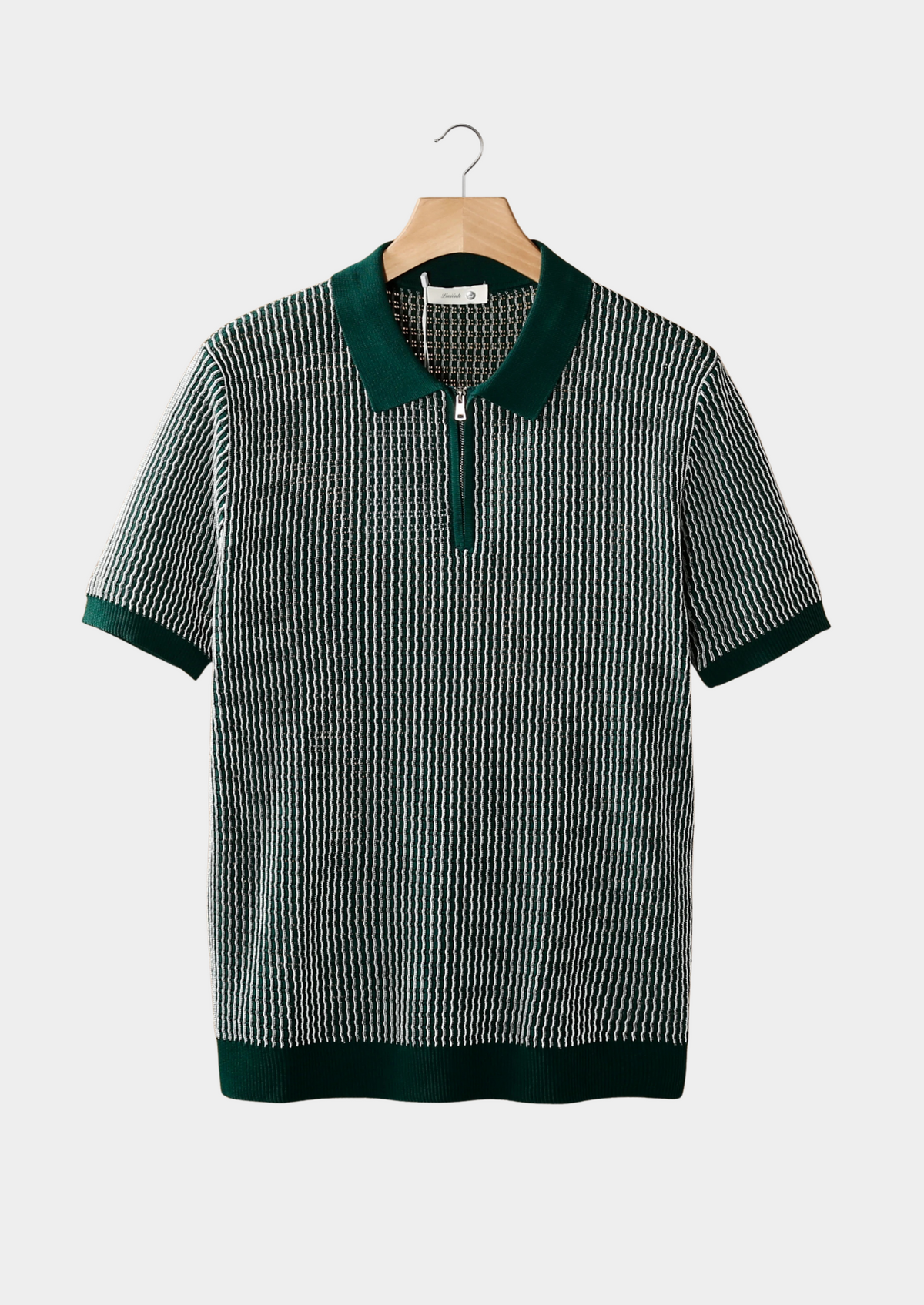 GREEN GEOMETRIC TEXTURED ZIPPER POLO